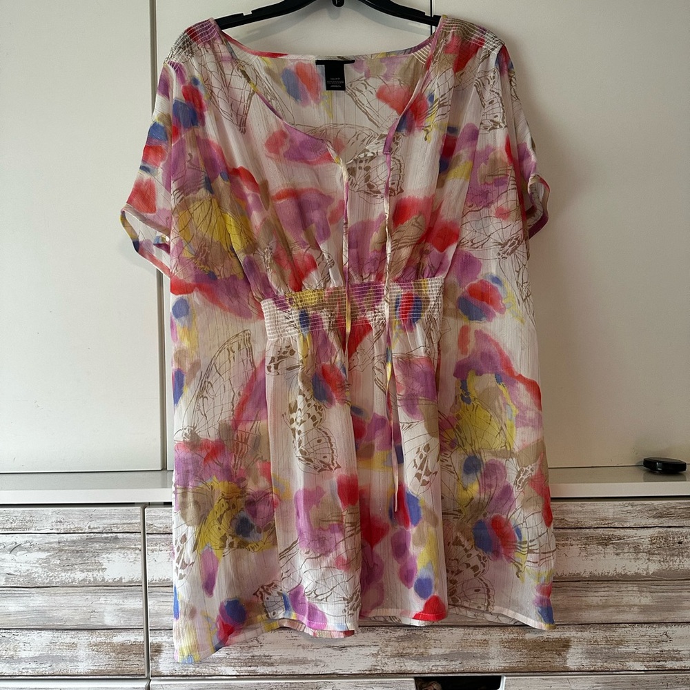 🌸 Lane Bryant Floral Tunic Top 18/20 Sheer Pink Yellow Boho Blouse